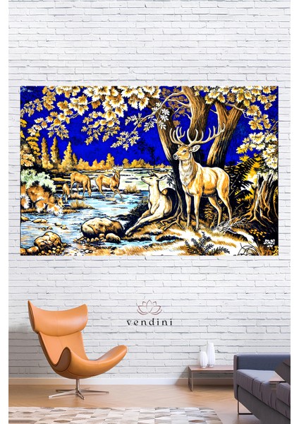 Vintage Serisi Geyikler Duvar Halısı Duvar Örtüsü Wall Tapestry