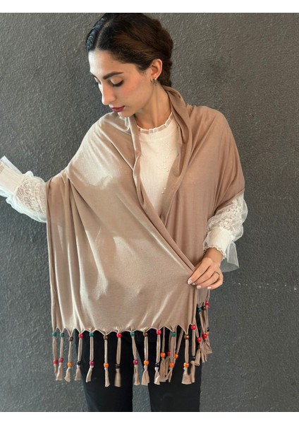 Penye Boncuklu Tasarım Kadın Şal Fular 160X40 cm