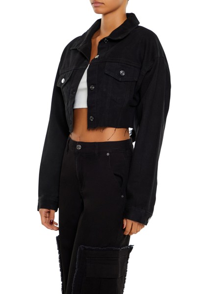 Parlak Taş Detaylı Crop Denim Ceket
