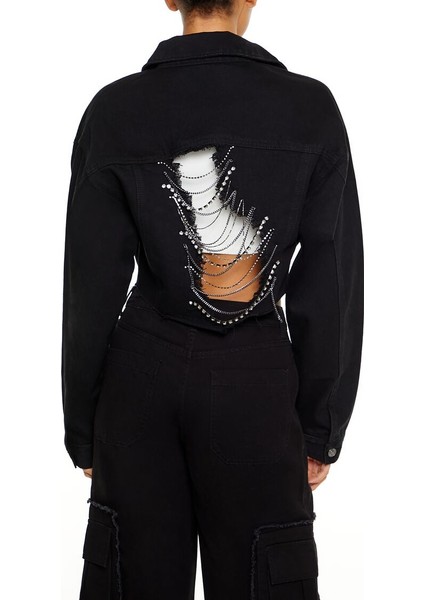 Parlak Taş Detaylı Crop Denim Ceket fırsatları