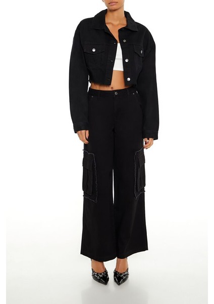 Parlak Taş Detaylı Crop Denim Ceket