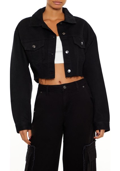 Parlak Taş Detaylı Crop Denim Ceket
