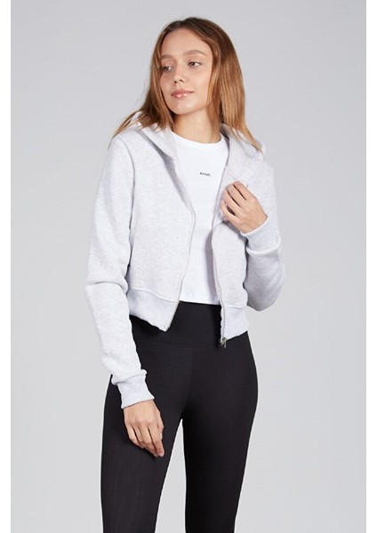 Kadın Cepsiz Kapüşonlu Fermuarlı Kısa Sweatshirt Hırka