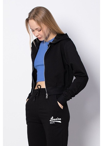 Kadın Cepsiz Kapüşonlu Fermuarlı Kısa Sweatshirt Hırka