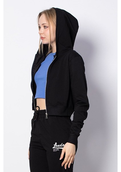 Kadın Cepsiz Kapüşonlu Fermuarlı Kısa Sweatshirt Hırka fiyatları