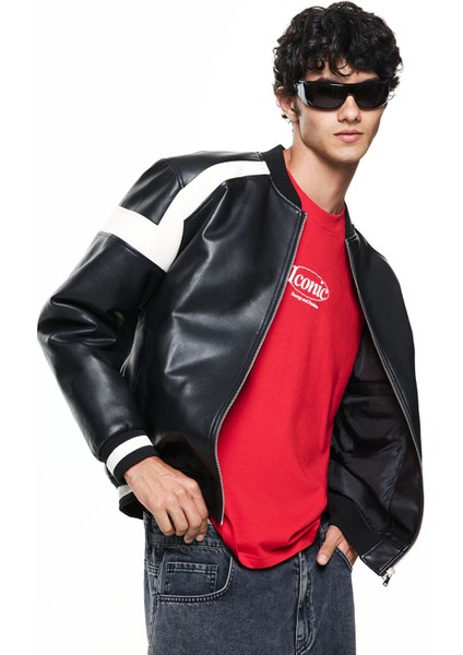 Yeni Sezon Standart Kalıp Kolej Yaka Erkek Deri Görünümlü Ceket