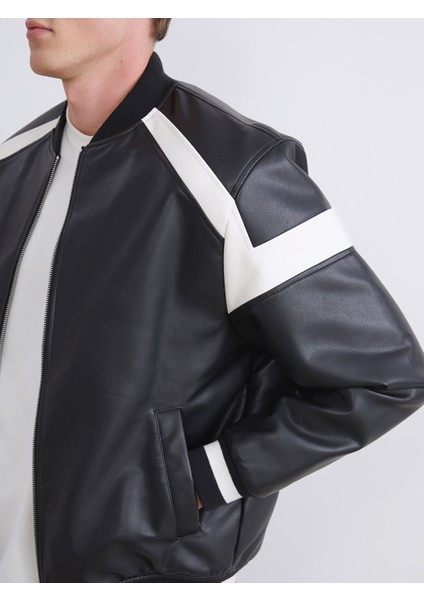 Yeni Sezon Standart Kalıp Kolej Yaka Erkek Deri Görünümlü Ceket fırsatları