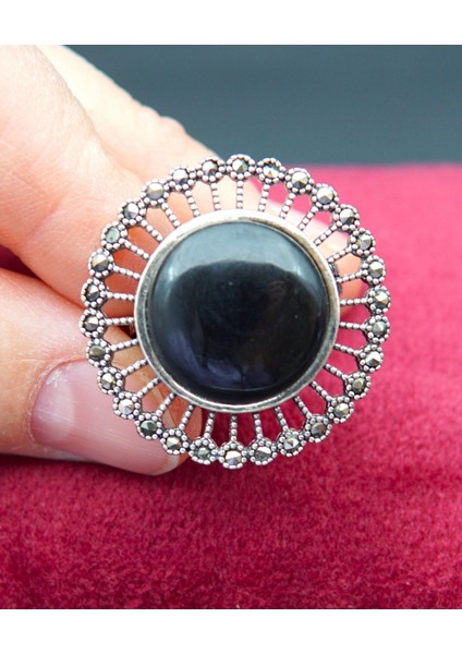 925 Ayar Kadın Gümüş Oltu Taşı Yüzük SY00051 fiyatları