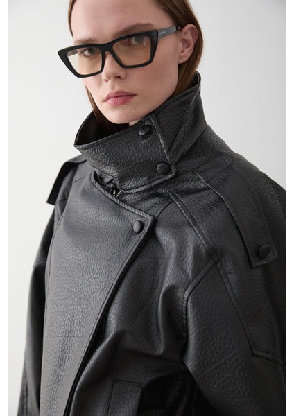 Siyah Dik Yaka Dokulu Deri Ceket - 509251 fiyatları