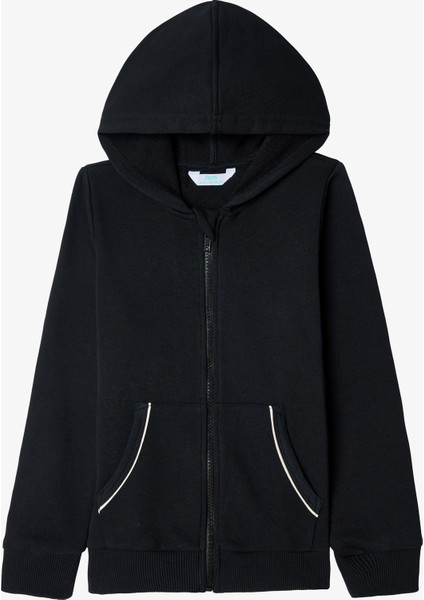 Siyah Kız Çocuk Biye Detaylı Oversize Kapüşonlu Sweatshirt