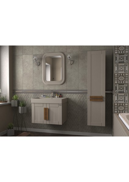 Pio 70CM Matt Mocha Ahşap Kulplu Banyo Dolabı (Ayna+Lavabo+Alt Dolap)
