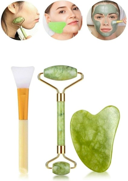 3'lü Cilt Bakım Seti Yeşim Taşı + Gua Sha Masaj Taşı + Maske Sürme Aparatı