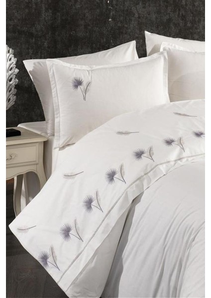 Palmiye Nakışlı %100 Pamuk Çift Kişilik Nevresim Takımı Gri