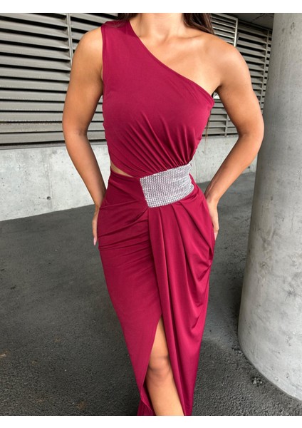 Tek Omuz Detaylı Sandy Kumaş Elbise 583181 Açık Bordo