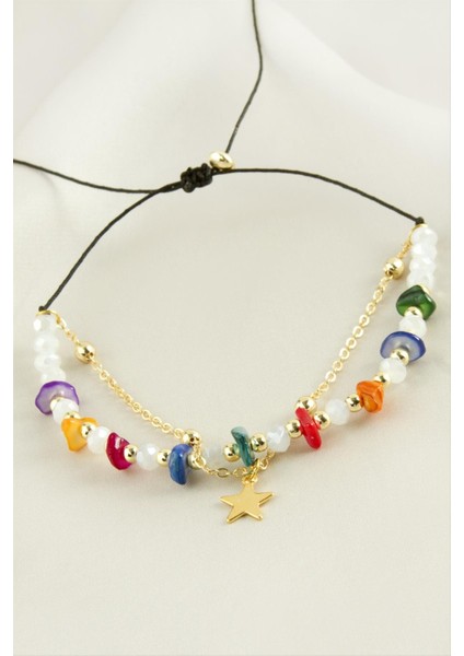 Ds-Derin Yıldızı Kırık Doğaltaş Kristal Zincirli Bileklik-Sarı