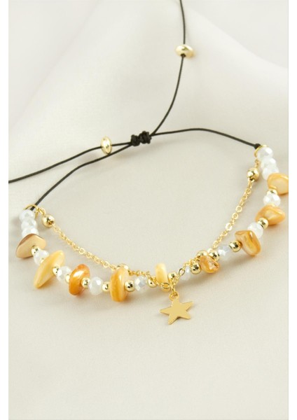 Ds-Derin Yıldızı Kırık Doğaltaş Kristal Zincirli Bileklik-Sarı fiyatları