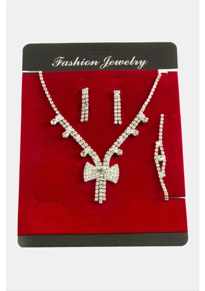 Ds-Derin Fiyong Taşlı Lüks Suyolu Set Kolye-Gümüş Rengi