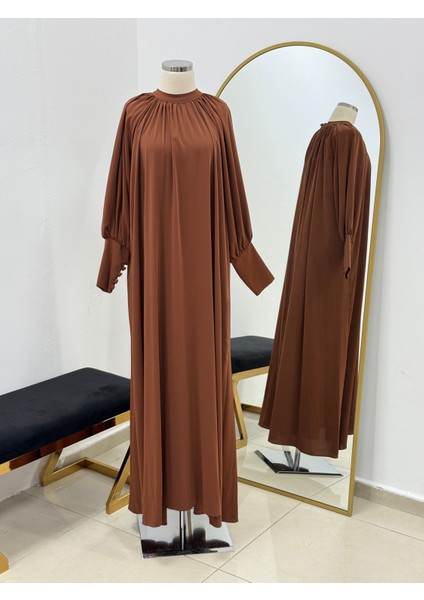 Kahverengi Reglan Kol Büzgülü Elbise 5072