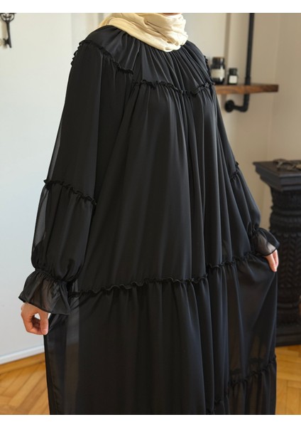 Siyah Reglan Kol Büzgülü Şifon Elbise 1005