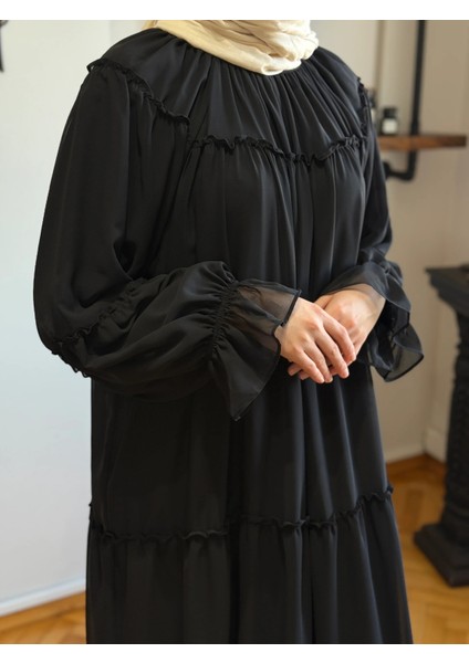 Siyah Reglan Kol Büzgülü Şifon Elbise 1005 fırsatları