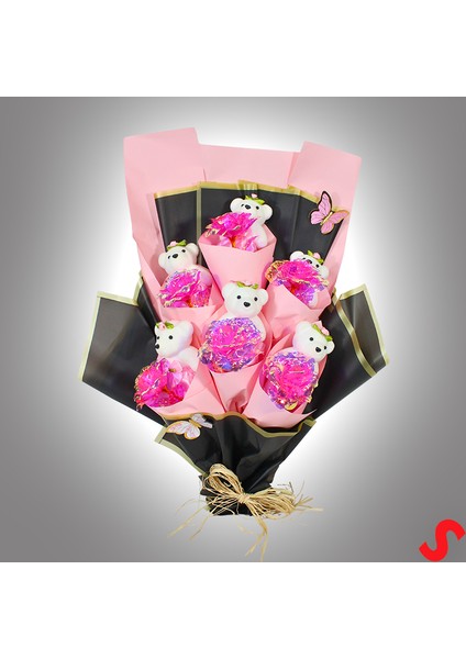 Sonsuzluk Güllü ve Strafor Ayıcıklı Buket, 60CM x 40CM - Pembe modelleri
