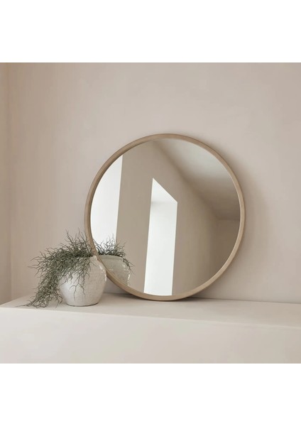 Büyük Ekru Yuvarlak Ahşap Duvar Aynası 90CM x 90CM fırsatları