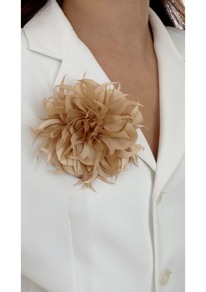 Saçaklı Kumaş Beyaz Çiçek Broş, Kumaş Gül Broş Yaka Iğnesi, Düğün Çiçek Gelin Çiçek