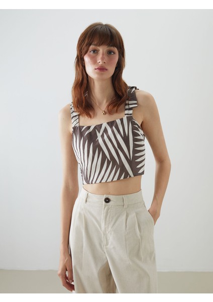 Yeni Sezon Kare Yaka Desenli Askılı Crop