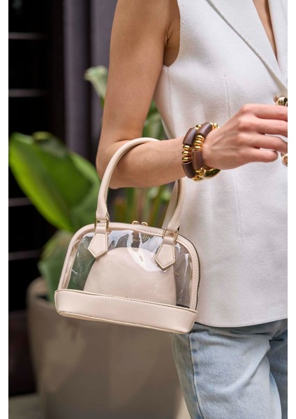 Krem Kadın Şeffaf Mini El ve Omuz Çantası