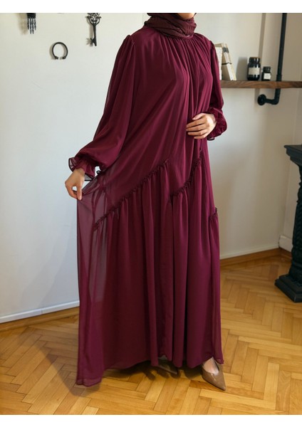 Bordo Verev Büzgülü Şifon Elbise 1006