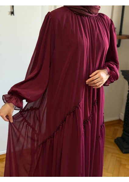 Bordo Verev Büzgülü Şifon Elbise 1006 fiyatları