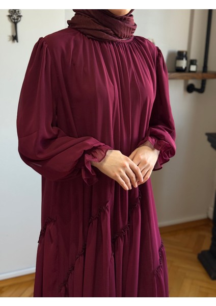 Bordo Verev Büzgülü Şifon Elbise 1006 modelleri