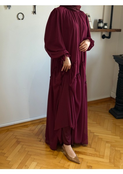 Bordo Verev Büzgülü Şifon Elbise 1006 fırsatları