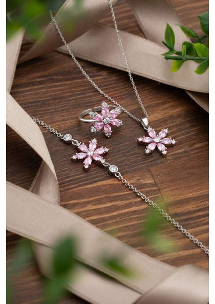 925 Ayar Pembe Taşlı Rodyum Lotus Çiçeği 3'lü Gümüş Set