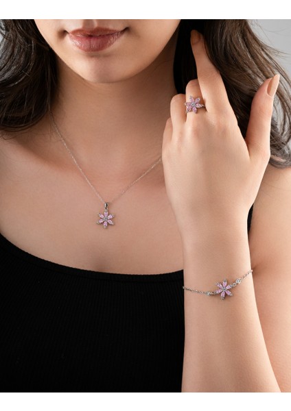 925 Ayar Pembe Taşlı Rodyum Lotus Çiçeği 3'lü Gümüş Set fiyatları