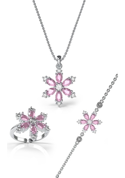 925 Ayar Pembe Taşlı Rodyum Lotus Çiçeği 3'lü Gümüş Set modelleri