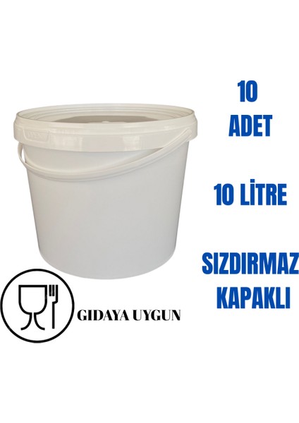 10 Lt Plastik Kapaklı Kova Hobi Boya Gıda Yoğurt Kovası Beyaz - 10 Adet