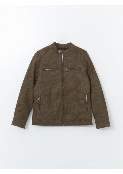 Yeni Sezon Biker Yaka Deri Görünümlü Erkek Ceket