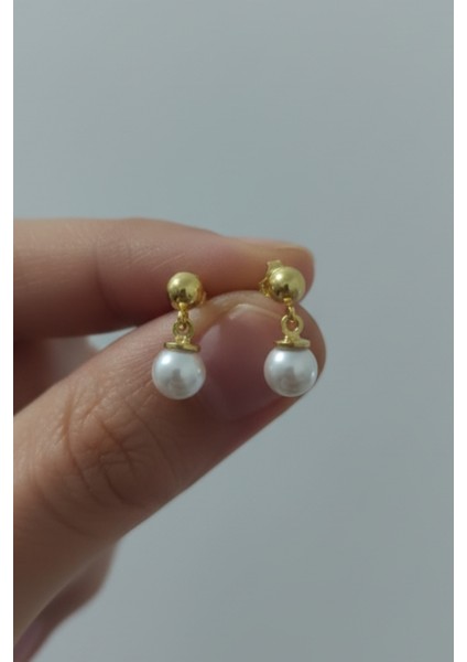 925 Ayar Gümüş Inci Küpe 6 mm Gold Renk