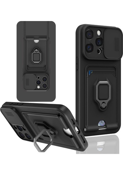 iPhone 15 Pro Max Uyumlu Taşıma Askılı - Kartlıklı - Stantlı - Kamera Korumalı Silikon Telefon Kılıfı