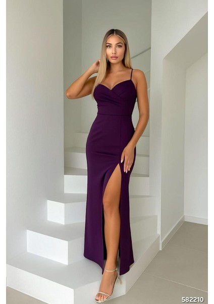 Ince Askılı Yırtmaçlı Balık Elbise Mor 582210