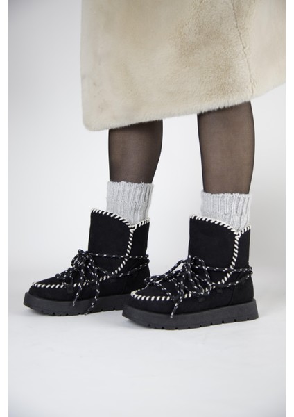 219851141-1S Kadın Yumuşak Rahat Kürklü Bot - Tekstil Süet Kışlık Siyah Bot modelleri