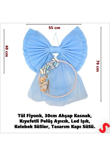Kasnaklı Tül Fiyonk ve Ayıcıklı 70CM x 55CM Kapı Süsü - Mavi fiyatları