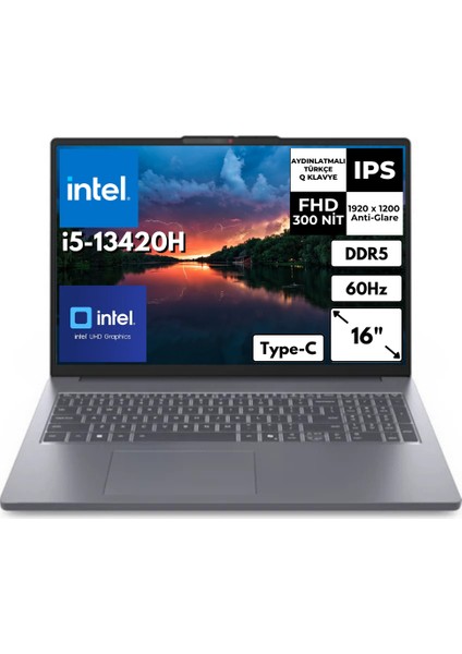 Ideapad Slim 3 16IRH10 I5-13420H 8 GB 512 GB SSD UHD Graphics 16" Wuxga Windows 11 Home Notebook 83K20073TRAT14