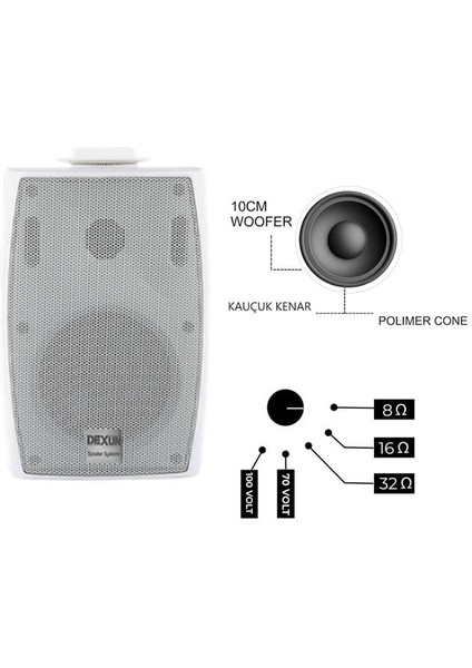 Dexun D-4 Beyaz 10 cm 150 Watt 100V 4'' Trafolu Komutatörlü Sütun Hoparlör modelleri