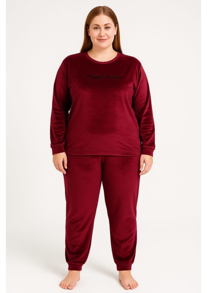 Kadın 13212-2670 Büyük Beden Kadife Pijama Takımı Mürdüm