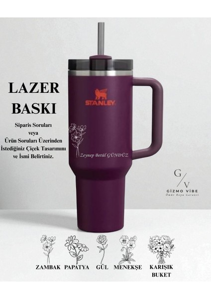 Kişiselleştirilebilir Stanley Quencher Pipetli Termos Bardak 1.18 Lt Özel Isimli/ Tasarımlı