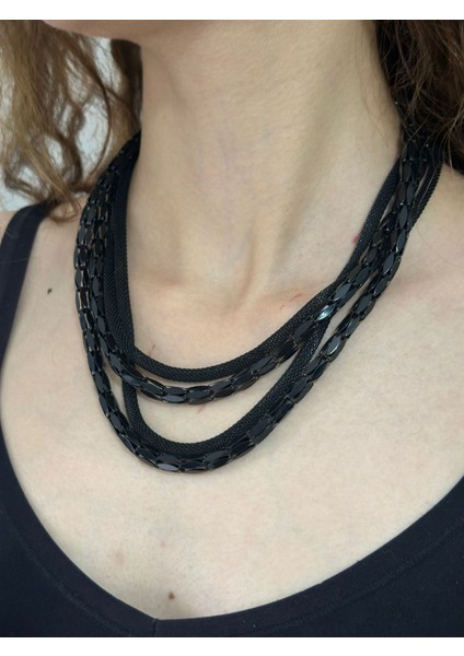 3 Lü Zincir Hasır Tasarım Kadın Kolye 22 cm