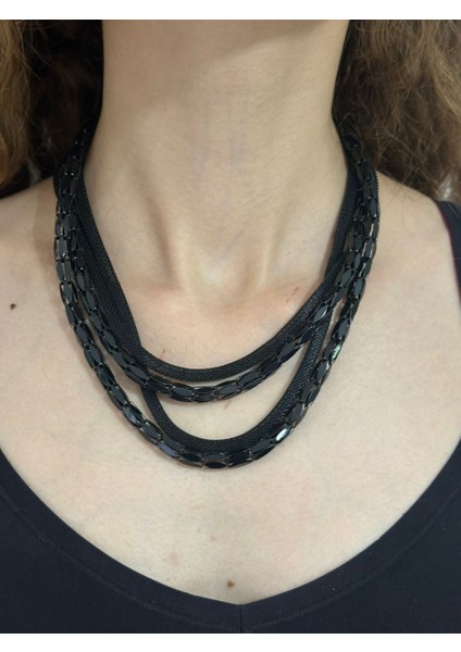 3 Lü Zincir Hasır Tasarım Kadın Kolye 22 cm modelleri