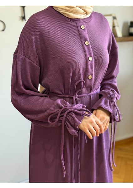 Mürdüm Kol Bağlamalı Düğme Detaylı Örme Elbise 9921